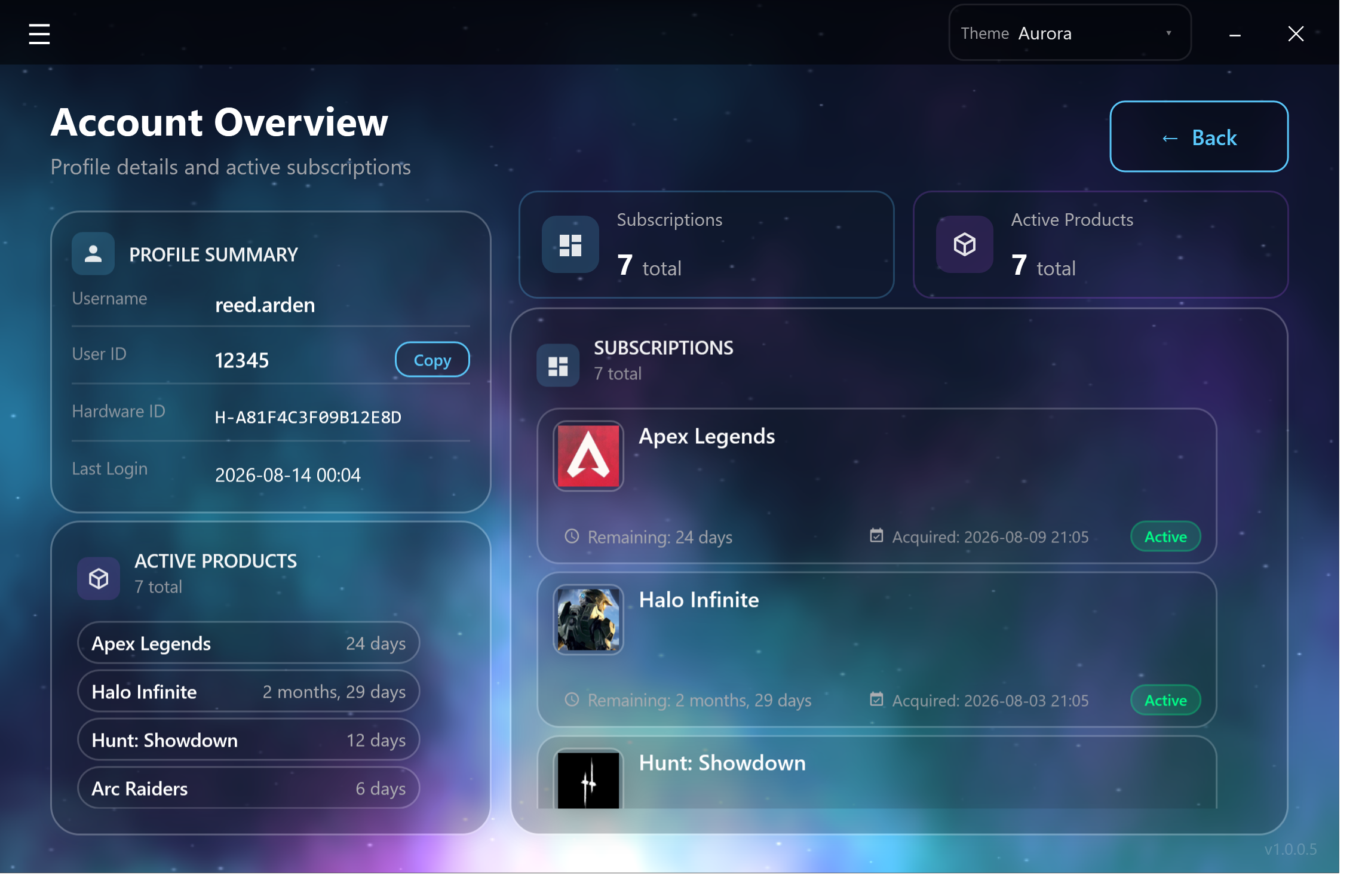 Account overview screen